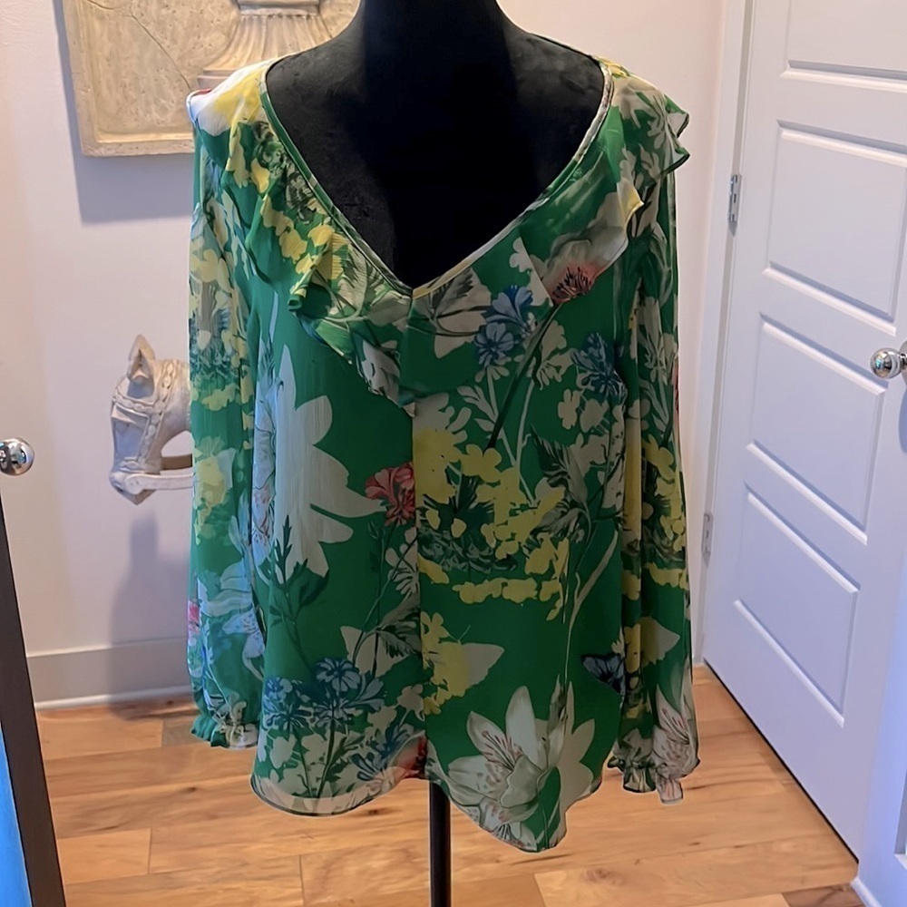 Gibson Latimer‎ green floral V neck long sleeves blouse top Sz L